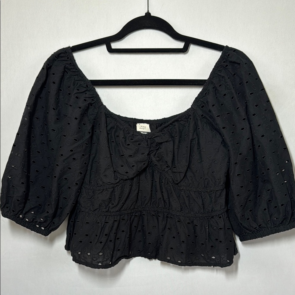 A New Day‎ Black Eyelet Blouse Puff Sleeve Peplum Top Medium